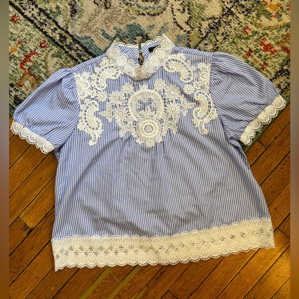 Striped Blue and White Top with Lace